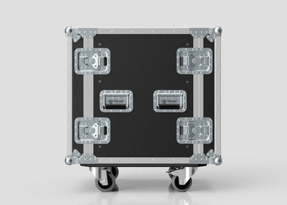 13U Standard Rack Case featuring metal reinforcements, sturdy handles, secure latches, and four caster wheels, displayed against a plain light background.