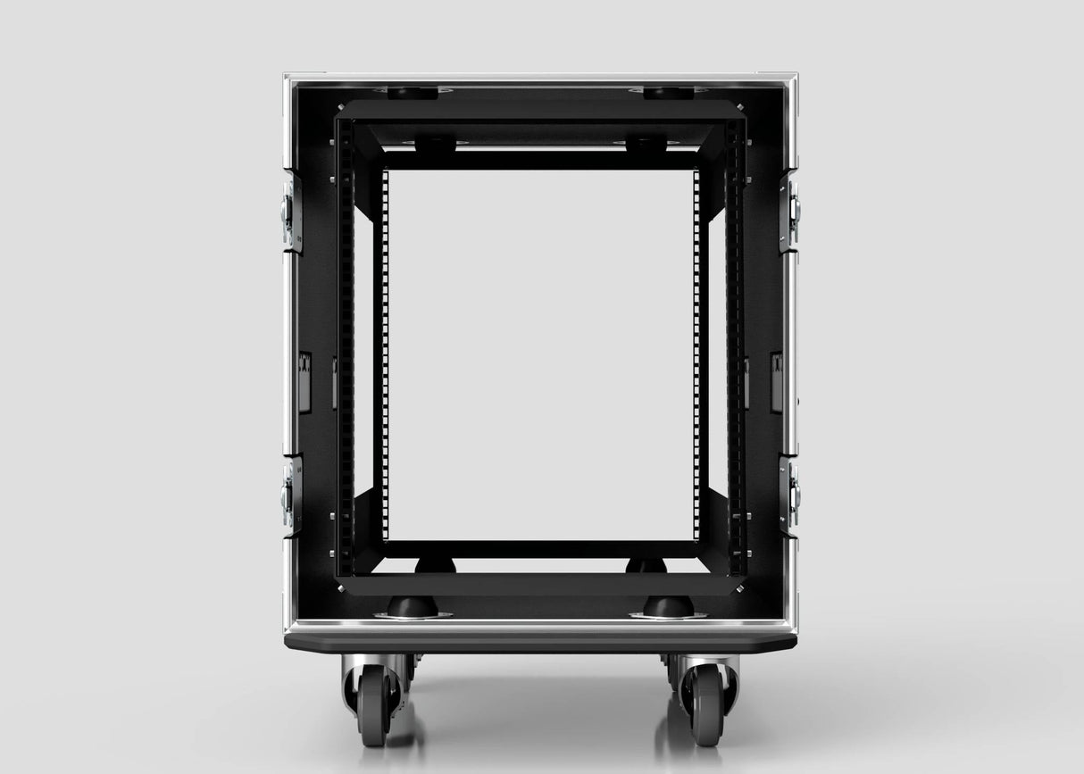 Front view of the 13U Suspended Shock Mounted Rack Case, an empty black server rack cabinet on wheels with visible mounting rails and anti-vibration mounts, set against a light gray background.