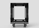 Front view of the 13U Suspended Shock Mounted Rack Case, an empty black server rack cabinet on wheels with visible mounting rails and anti-vibration mounts, set against a light gray background.