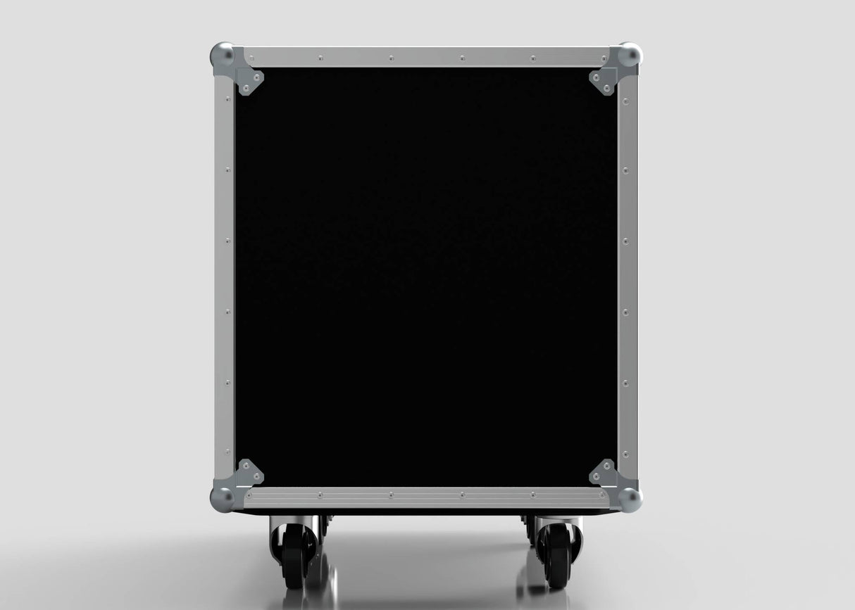 The 13U Suspended Shock Mounted Rack Case is a black, rectangular equipment case with metal edges and corners, standing upright on four caster wheels, designed with a sturdy birch plywood rack for added durability.
