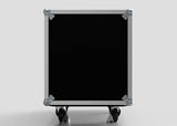 The 13U Suspended Shock Mounted Rack Case is a black, rectangular equipment case with metal edges and corners, standing upright on four caster wheels, designed with a sturdy birch plywood rack for added durability.