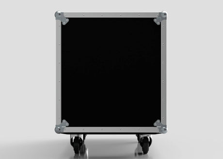 The 13U Suspended Shock Mounted Rack Case is a black, rectangular equipment case with metal edges and corners, standing upright on four caster wheels, designed with a sturdy birch plywood rack for added durability.