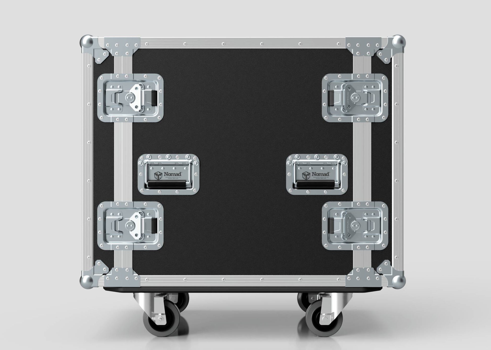 The 13U Suspended Shock Mounted Rack Case, in black and silver with metal edges and latches, stands upright on four caster wheels, displaying its shock-mounted racks against a plain background.
