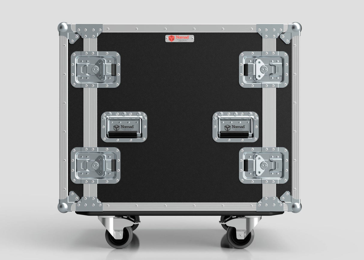 The 13U Suspended Shock Mounted Rack Case, in black and silver with metal reinforcements, four latches, anti-vibration mounts, and wheels, is displayed against a plain gray background.