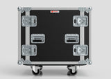 The 13U Suspended Shock Mounted Rack Case, in black and silver with metal reinforcements, four latches, anti-vibration mounts, and wheels, is displayed against a plain gray background.
