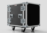 The 13U Suspended Shock Mounted Rack Case is a large black and silver flight case with protective metal edges, latches, handles, caster wheels, and suspended shock-mounted racks, shown against a plain background.