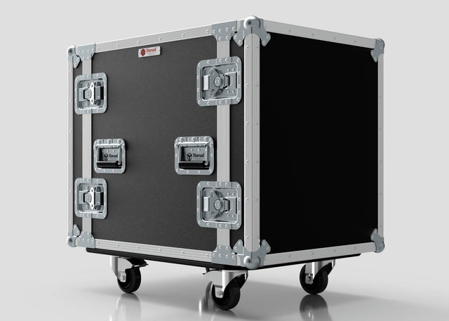 The 13U Suspended Shock Mounted Rack Case is a large black and silver flight case with protective metal edges, latches, handles, caster wheels, and suspended shock-mounted racks, shown against a plain background.