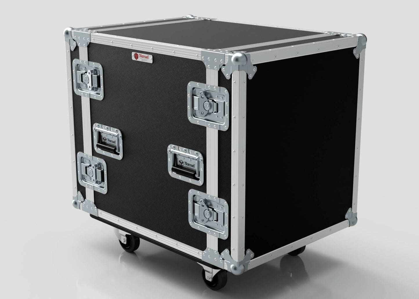 The 13U Suspended Shock Mounted Rack Case is a black road case with metal edges, handles, latches, and wheels, designed to safely transport equipment with suspended shock mounted racks for extra protection.