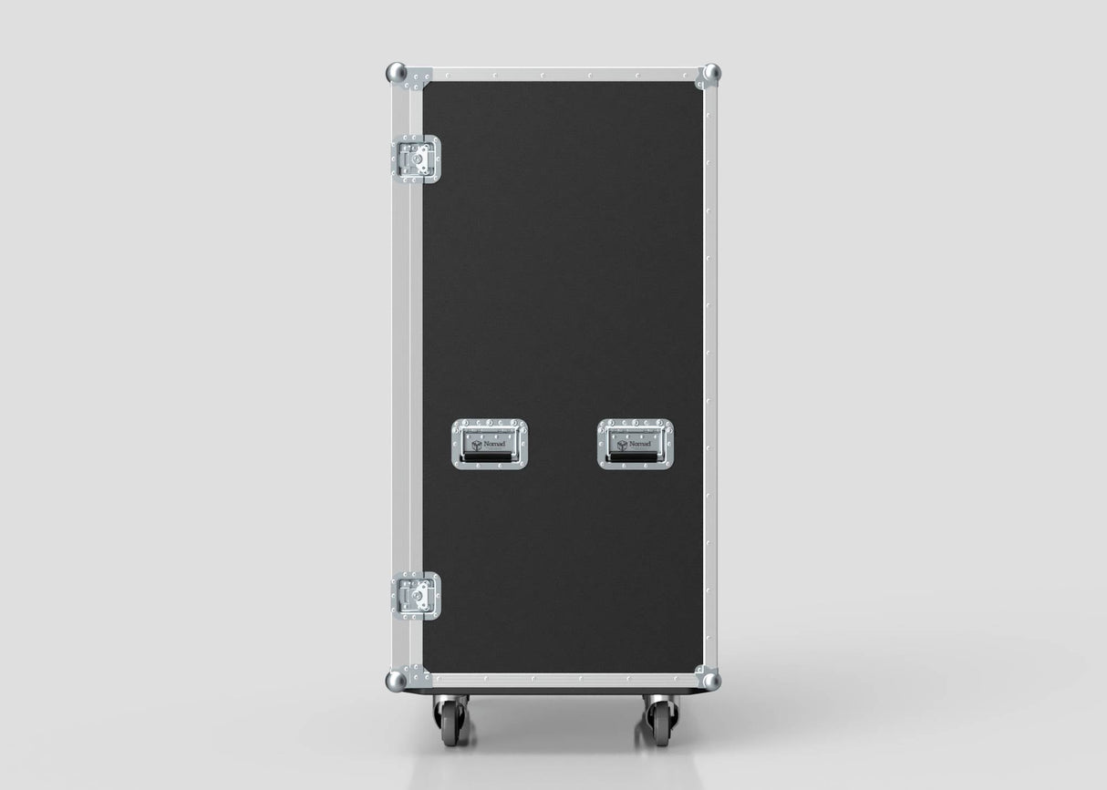 The 14 Way Poly Tray Case is a tall, black custom case with metal edges, handles, and latches, standing upright on four caster wheels against a plain background.