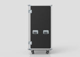 The 14 Way Poly Tray Case is a tall, black custom case with metal edges, handles, and latches, standing upright on four caster wheels against a plain background.