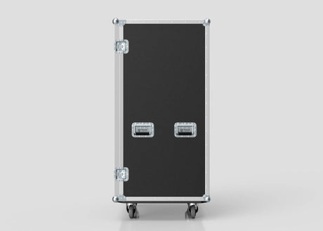 The 14 Way Poly Tray Case is a tall, black custom case with metal edges, handles, and latches, standing upright on four caster wheels against a plain background.