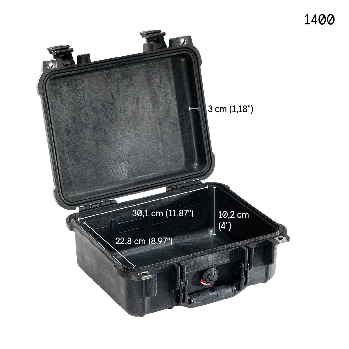 An open black 1400EU Protector Case reveals interior dimensions of 30.1 cm x 22.8 cm x 10.2 cm, with a lid depth of 3 cm—ideal as a crushproof case for secure storage.