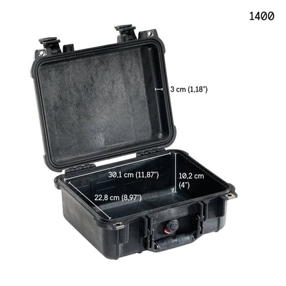 An open black 1400EU Protector Case reveals interior dimensions of 30.1 cm x 22.8 cm x 10.2 cm, with a lid depth of 3 cm—ideal as a crushproof case for secure storage.