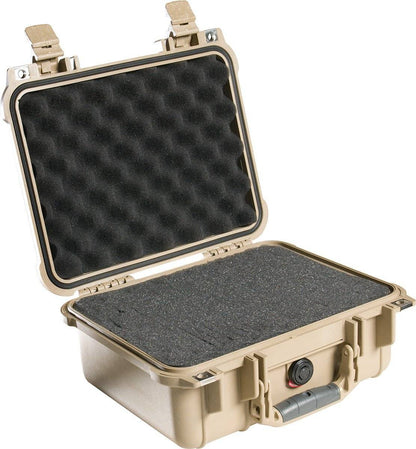 A tan hard plastic 1400EU Protector Case with an open lid displays interior foam padding; front clasps and a handle are shown on this watertight, crushproof case.