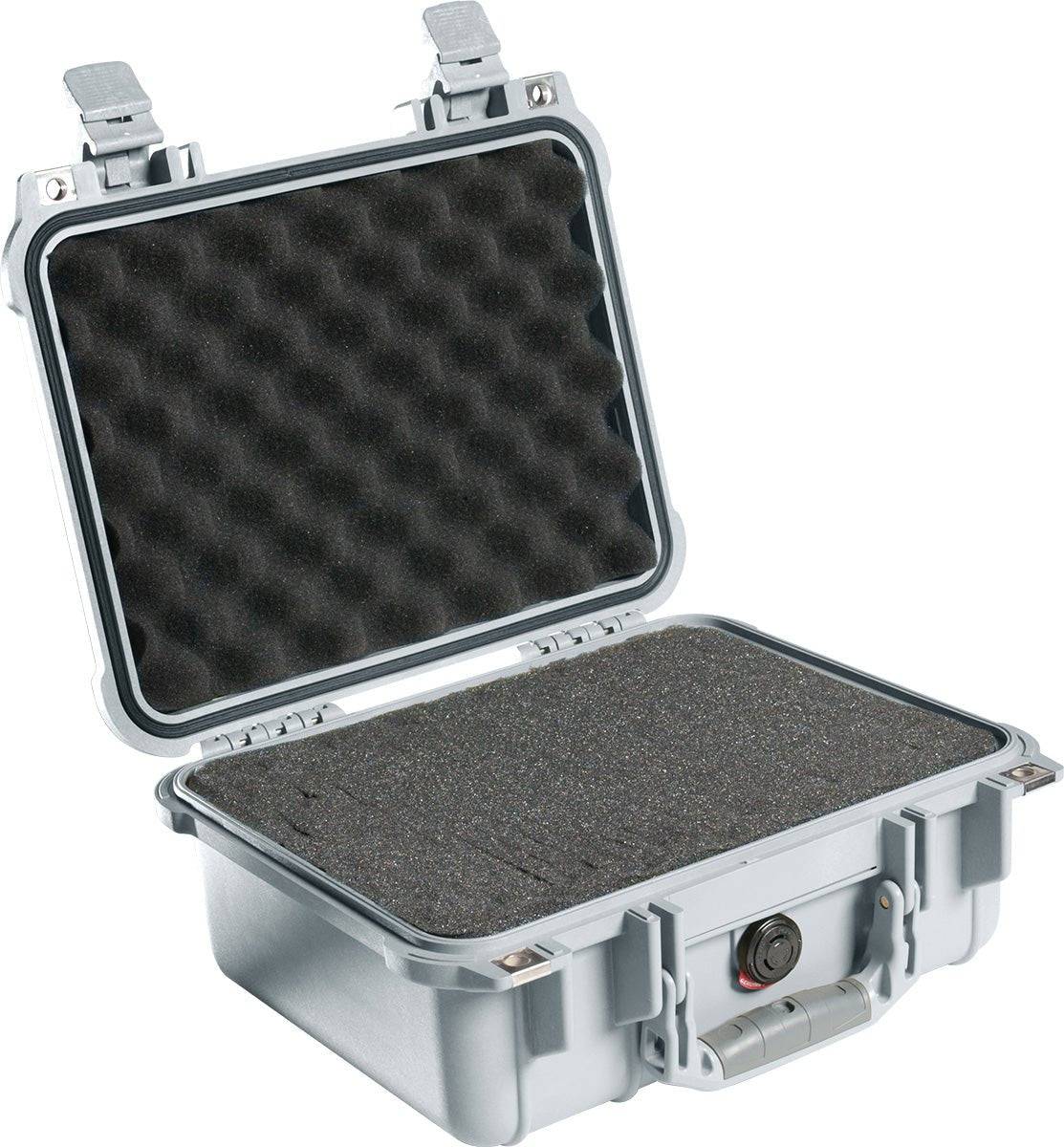 The 1400EU Protector Case is a hard plastic PELI case with foam lining in the lid and base, shown open with raised latches—offering crushproof, secure protection for your items.