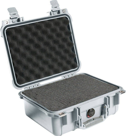 The 1400EU Protector Case is a hard plastic PELI case with foam lining in the lid and base, shown open with raised latches—offering crushproof, secure protection for your items.