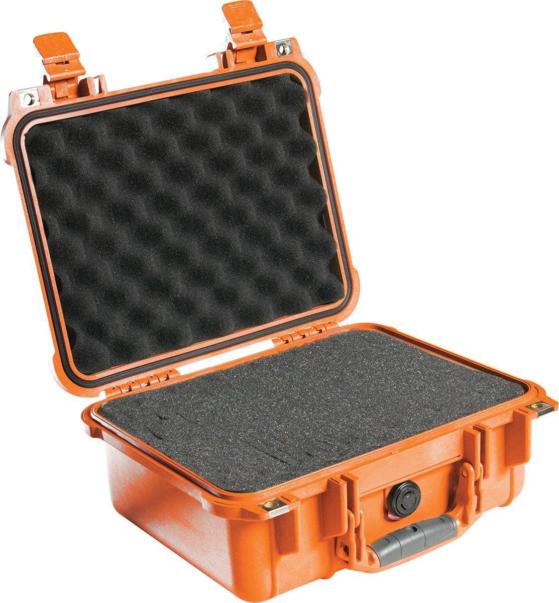 The 1400EU Protector Case is an open orange PELI case featuring black foam lining and secure latches, providing crushproof and watertight protection.