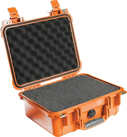The 1400EU Protector Case is an open orange PELI case featuring black foam lining and secure latches, providing crushproof and watertight protection.