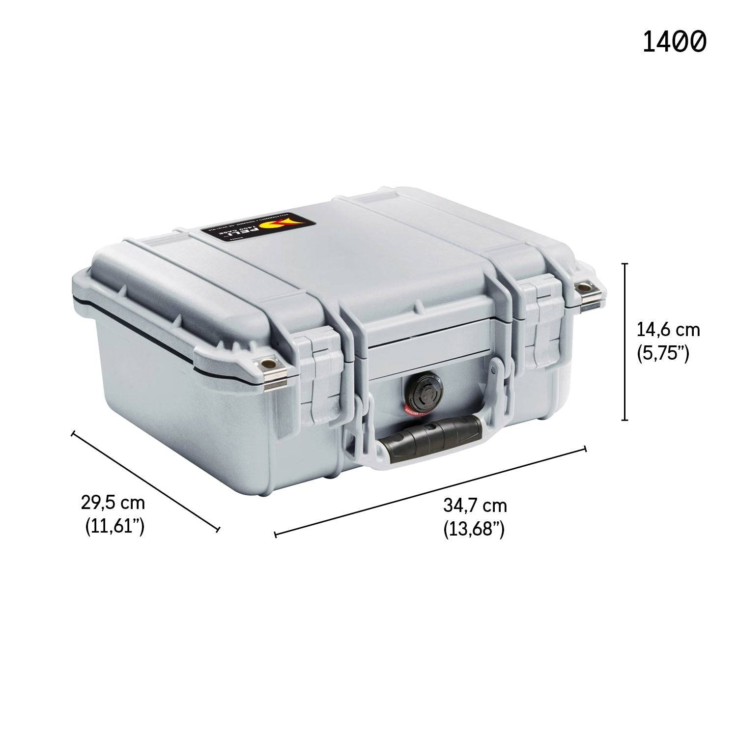 A gray 1400EU Protector Case with handle and latch is shown, measuring 34.7 cm wide, 29.5 cm deep, and 14.6 cm high. This watertight case keeps your valuables safe in any environment.
