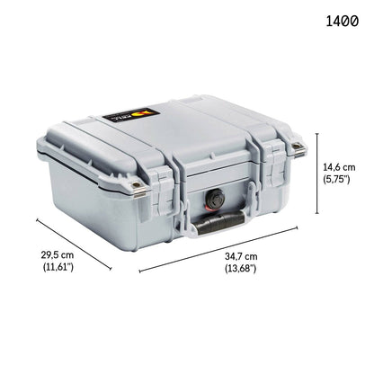 A gray 1400EU Protector Case with handle and latch is shown, measuring 34.7 cm wide, 29.5 cm deep, and 14.6 cm high. This watertight case keeps your valuables safe in any environment.