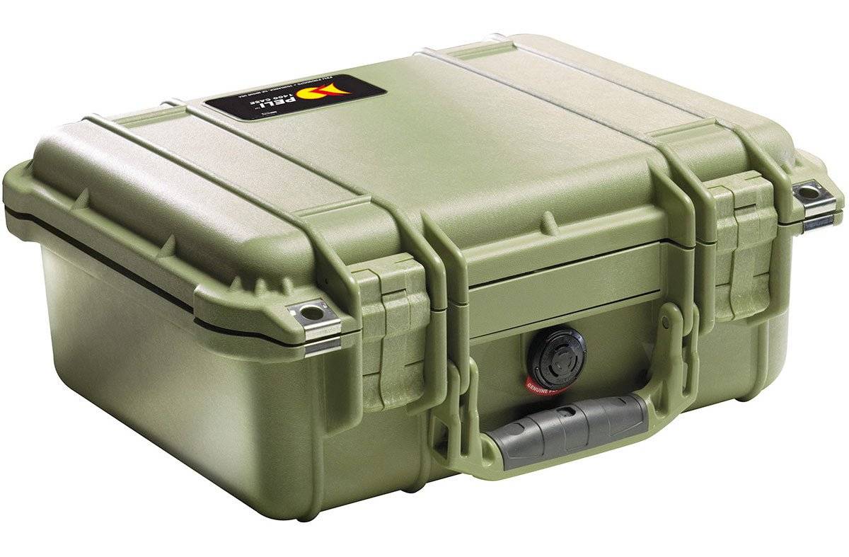 The 1400EU Protector Case is a sturdy, olive-green PELI case with latches, a carrying handle, and a black label in the top corner, offering reliable watertight and crushproof protection for your valuables.