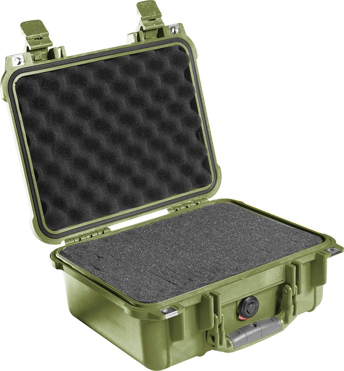 The 1400EU Protector Case is an open green, crushproof case with foam padding inside, designed for safely storing and transporting sensitive equipment.