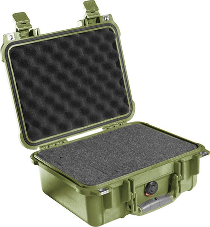 The 1400EU Protector Case is an open green, crushproof case with foam padding inside, designed for safely storing and transporting sensitive equipment.