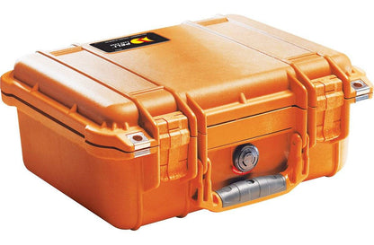The orange 1400EU Protector Case by PELI, featuring metal latches, a lock, and a handle, is displayed against a white background. This crushproof case provides superior protection for your gear.