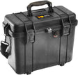 The 1430 Protector Top Loader Case is a black PELI case with a handle, latch closures, and shoulder strap, built for rugged protective storage and transport.