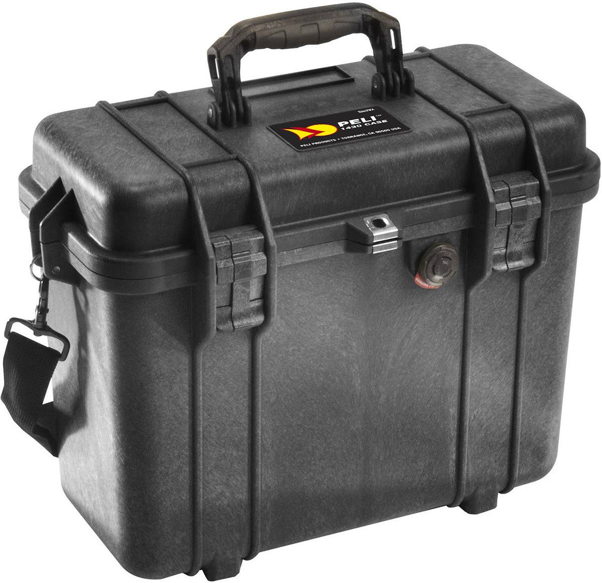 The 1430 Protector Top Loader Case is a black PELI case with a handle, latch closures, and shoulder strap, built for rugged protective storage and transport.