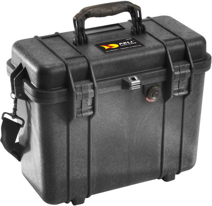 The 1430 Protector Top Loader Case is a black PELI case with a handle, latch closures, and shoulder strap, built for rugged protective storage and transport.