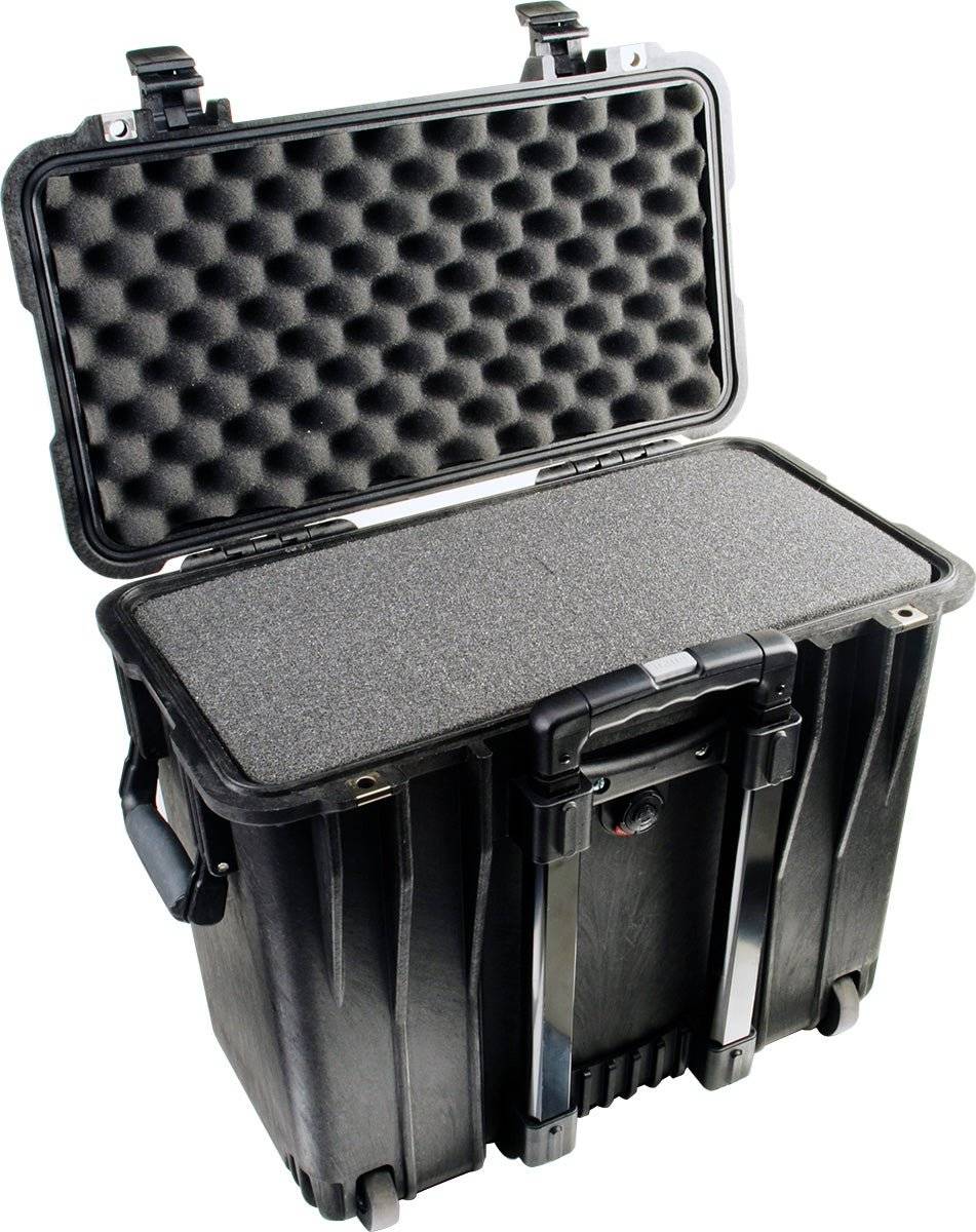 The 1440 Protector Top Loader Case has wheels and handles for easy transport, an open lid with egg crate foam padding, and a solid foam insert, providing superior protection for your gear.