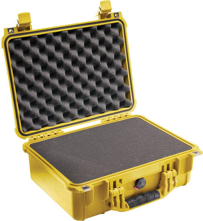 A yellow 1450EU Protector Case with an open lid and foam padding inside for secure storage; this crushproof case ensures reliable protection.