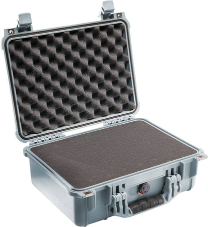 A gray, hard-shell 1450EU Protector Case with an open lid, showcasing egg-crate foam padding inside and a foam insert in the base for added protection.