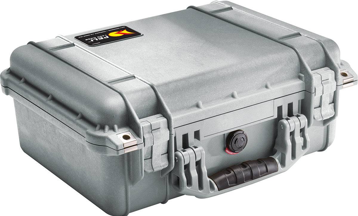 The 1450EU Protector Case is a closed, hard-shell case with a carrying handle, secure latches, and a small top label, providing crushproof and watertight protection for your equipment.