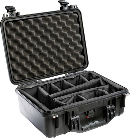 A black 1450EU Protector Case is open, showing a padded foam interior with adjustable dividers to organize and secure items in this crushproof case.