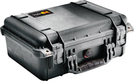 A closed, black 1450EU Protector Case with latches, handle, and lid label, providing reliable watertight and crushproof protection.