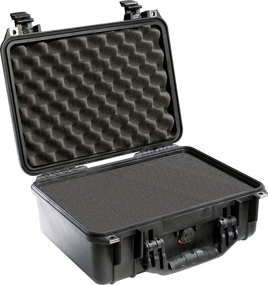 The 1450EU Protector Case is a hard plastic PELI case with a handle, shown open with foam padding in the lid and base; this crushproof case keeps your valuables secure.