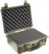 An open green 1450EU Protector Case with foam padding inside and a black front handle, offering crushproof and watertight protection for maximum safety.