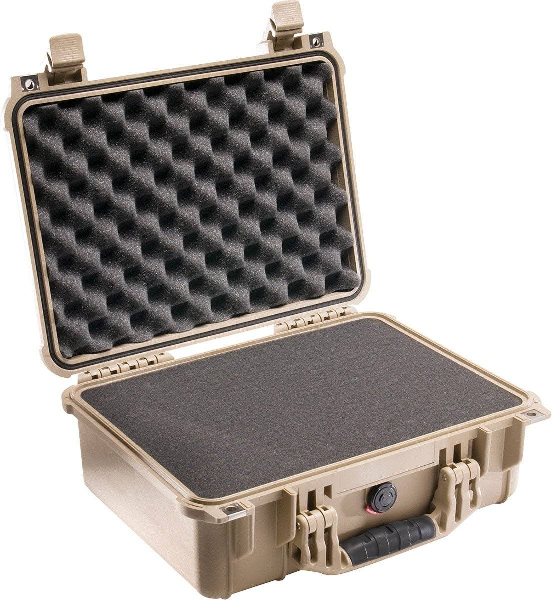 The 1450EU Protector Case in tan features a hard plastic exterior and black foam padding inside, making it a crushproof choice for protecting your valuables.