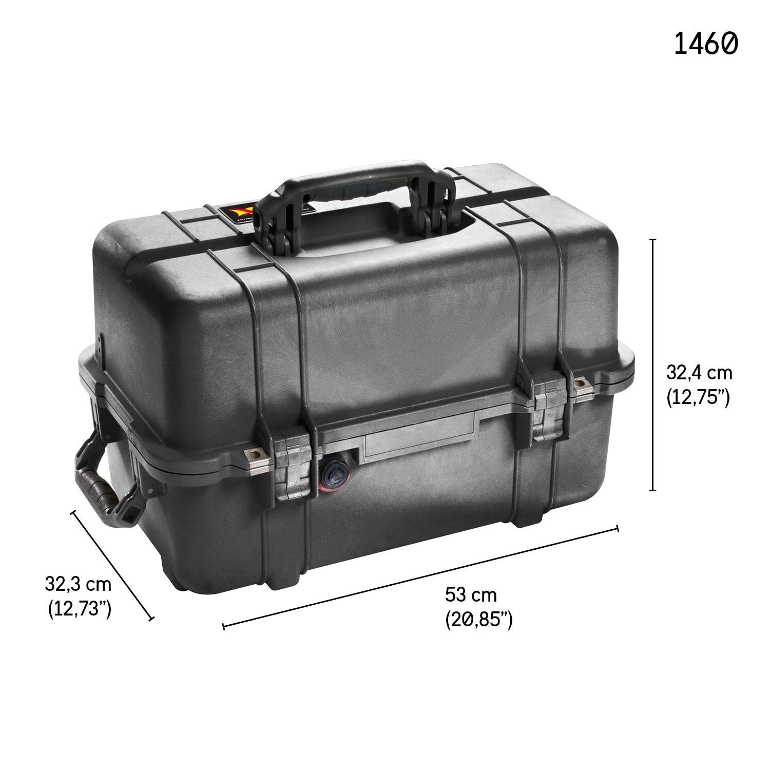 Black 1460 Protector Case with handles appears in the top right corner; its dimensions are 53 x 32.3 x 32.4 cm (20.85" x 12.73" x 12.75") and it is crushproof.