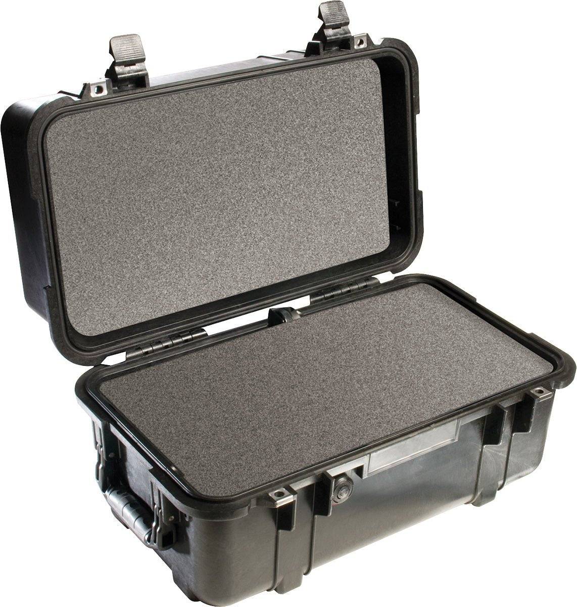 The 1460 Protector Case is a hard plastic Peli case with an open lid, foam-lined interior, and sturdy latches. Watertight and durable, it provides reliable protection for your valuables.
