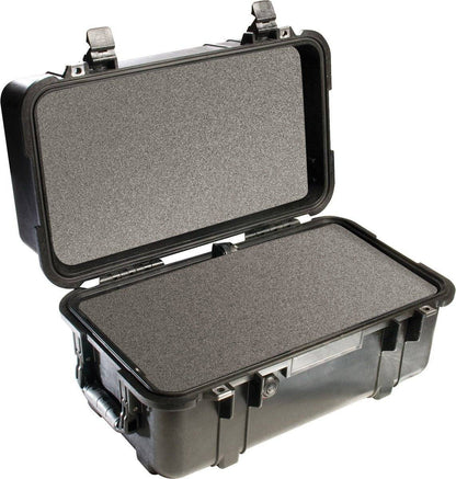 The 1460 Protector Case is a hard plastic Peli case with an open lid, foam-lined interior, and sturdy latches. Watertight and durable, it provides reliable protection for your valuables.