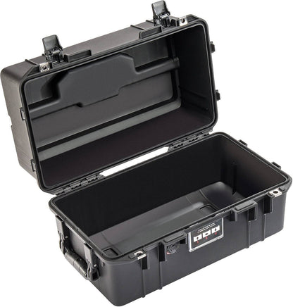 A black 1465 Air Case is shown open, displaying its empty foam-lined interior and lid latches—this lightweight hard case offers superior protection.