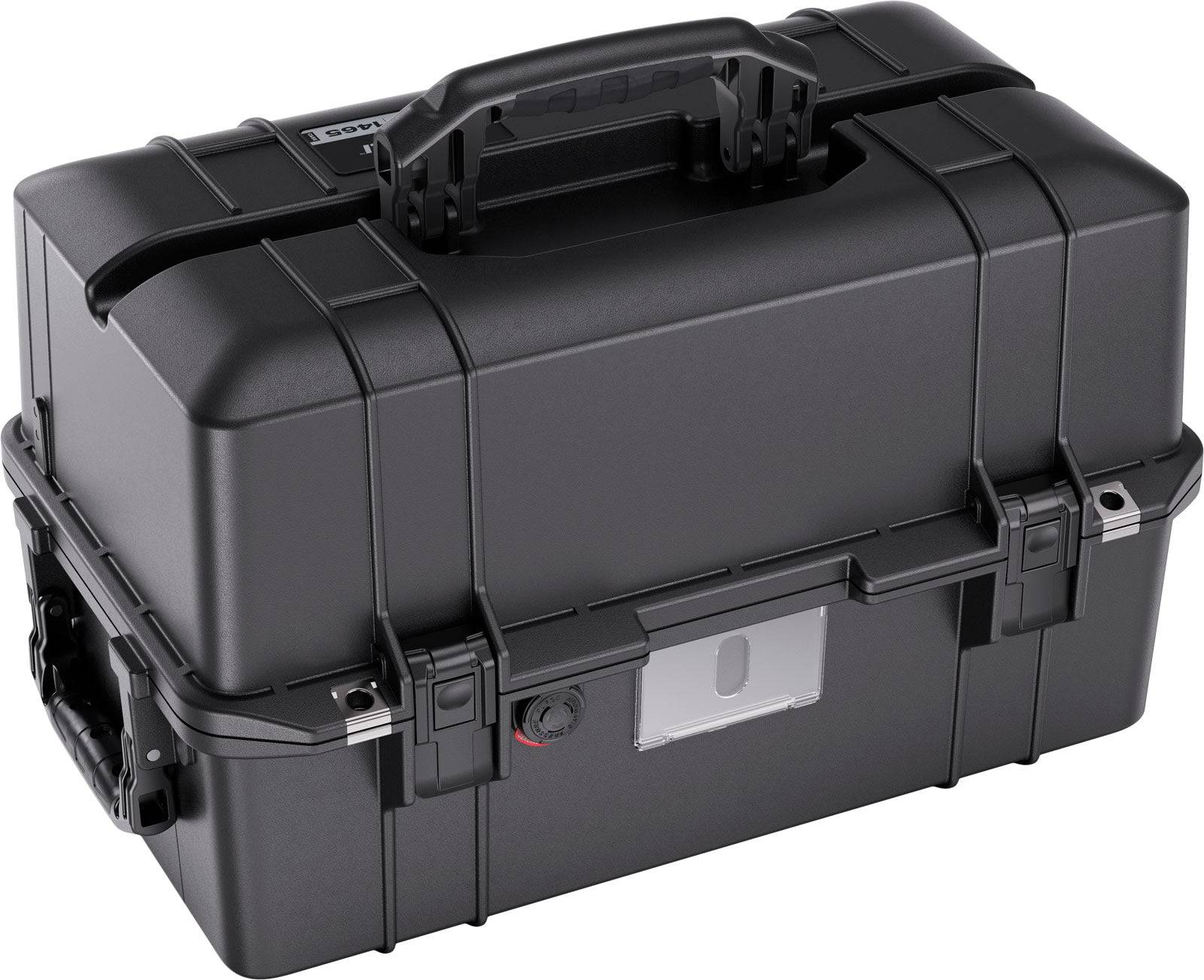 The 1465 Air Case is a black, lightweight hard case featuring a sturdy handle, secure latches, and reinforced corners, ideal for safely transporting or storing sensitive equipment.