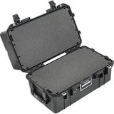 The 1465 Air Case, a lightweight black hard case, is open to reveal its foam-padded interior, front latches, handle, and combination lock.