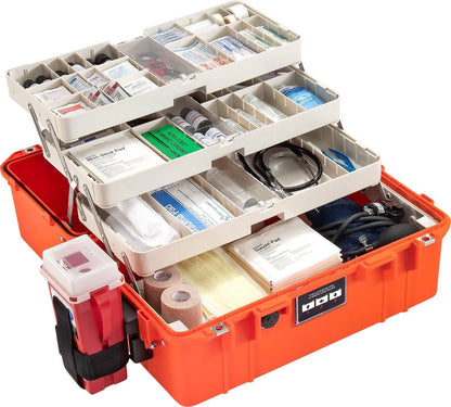 An open 1465EMS Air EMS Case in orange displays multiple organized compartments with medical supplies like bandages, gauze, gloves, ointments, scissors, and tapes, all in a lightweight, crushproof design.