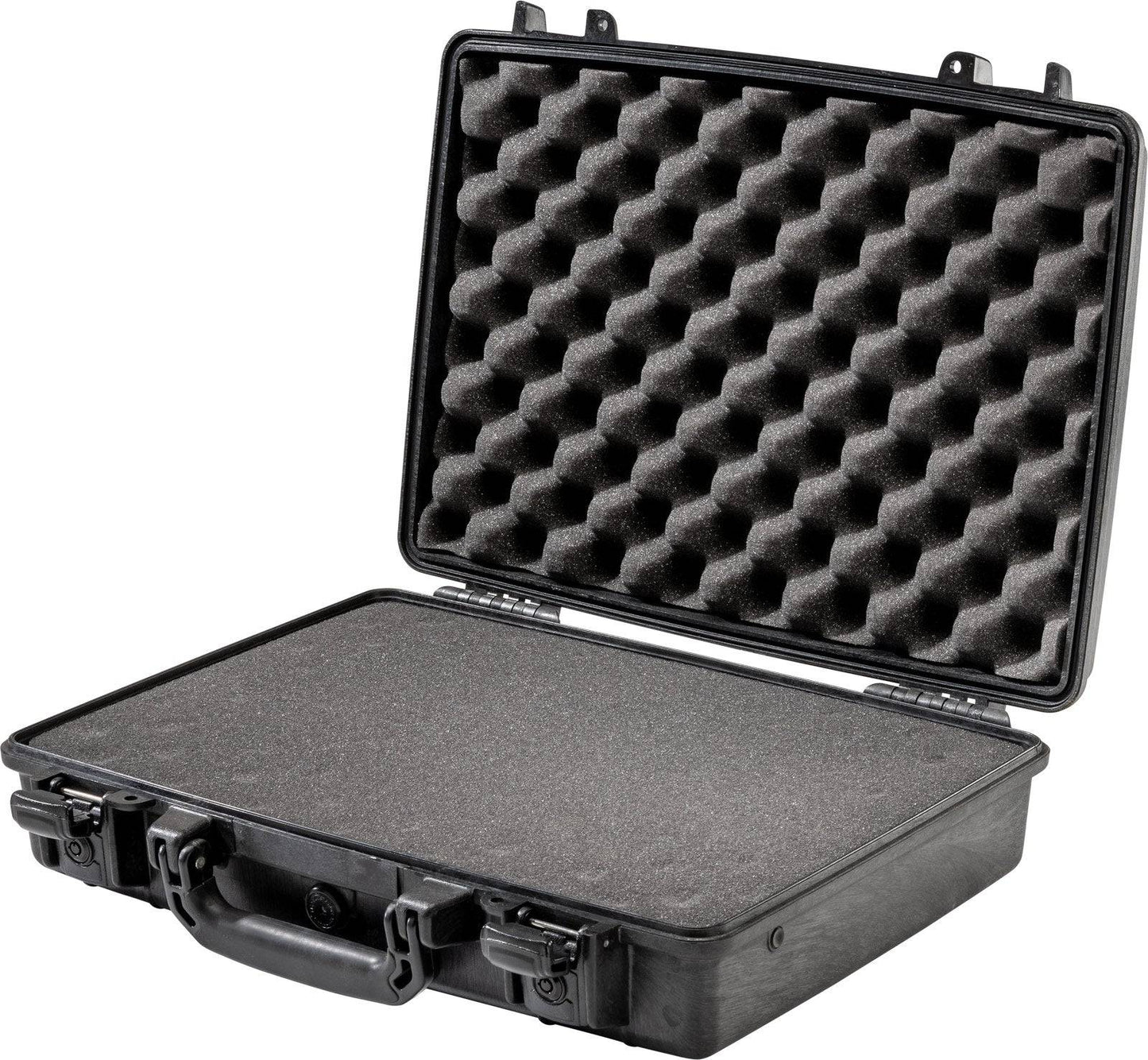 The 1470 Protector Laptop Case is shown open, featuring black rugged construction with foam padding in the lid and base to keep your contents safe.