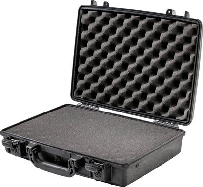The 1470 Protector Laptop Case is shown open, featuring black rugged construction with foam padding in the lid and base to keep your contents safe.