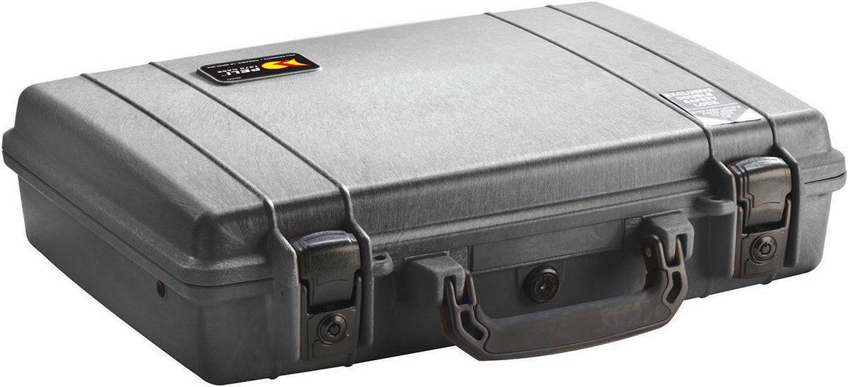 The black 1470 Protector Laptop Case is a hard-shell PELI case with two latches, a central handle, and a small label on the lid, providing rugged protection and secure storage for your laptop.